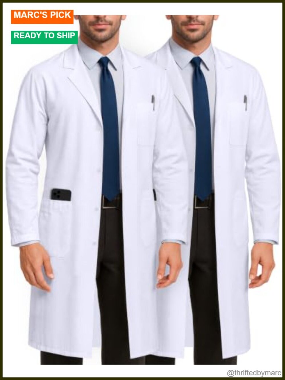 White Lab Coat Men's Uniform Medical 3 Pockets Side Slit Long Sleeve X-Large